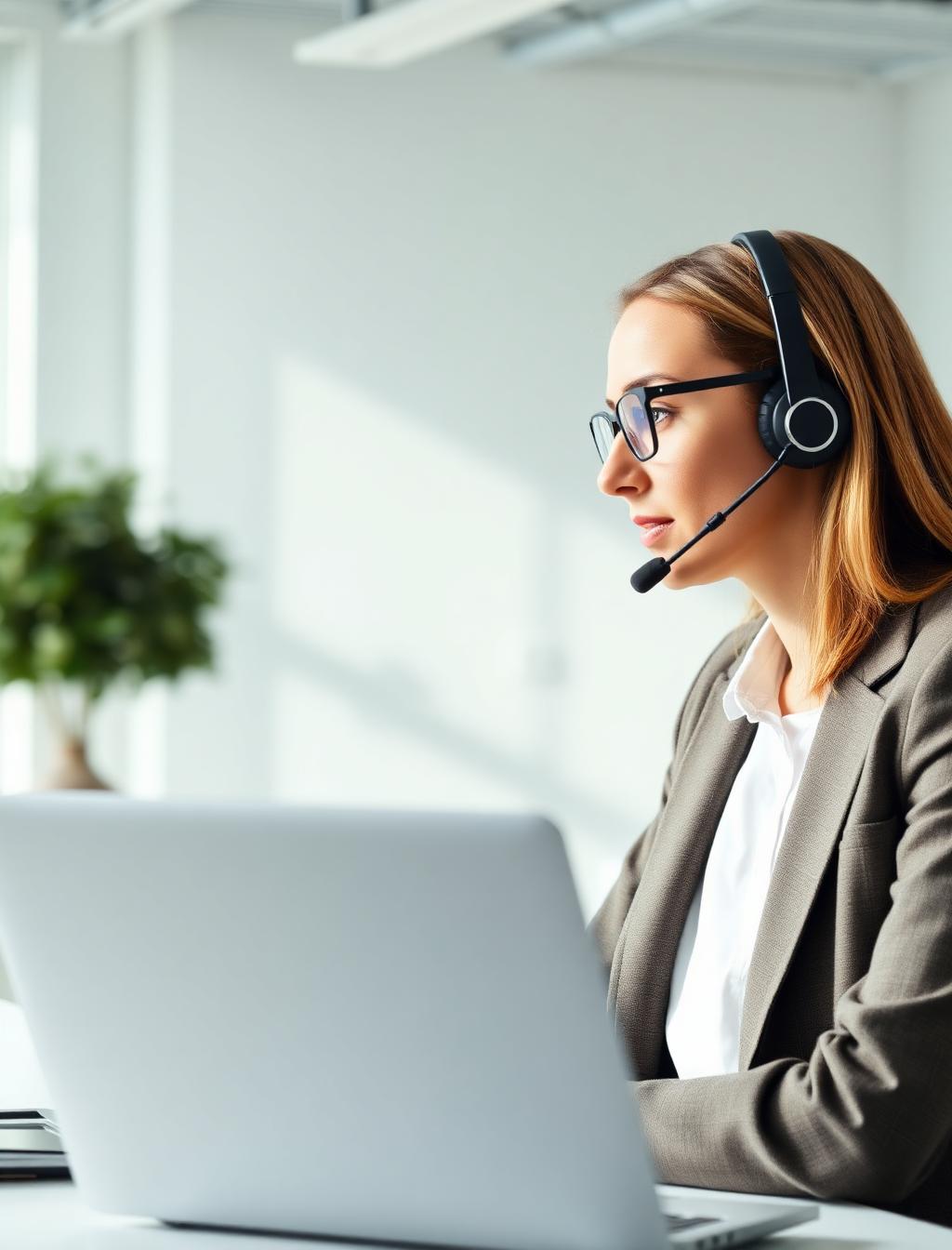 Sales professional with a headset on a live call in a bright modern office
