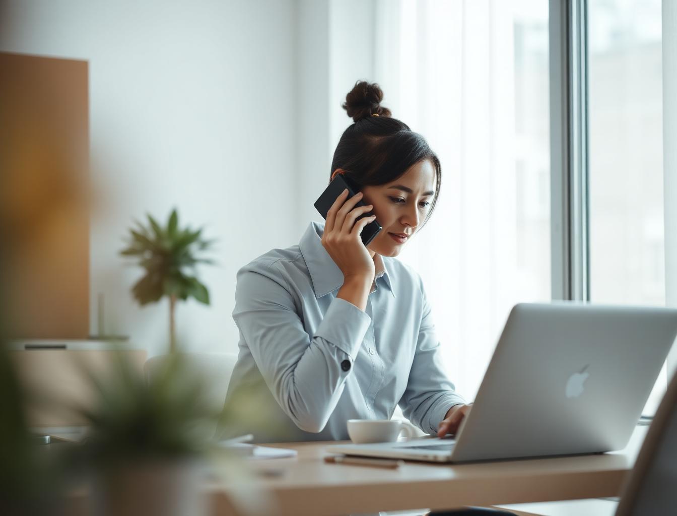 A rep mid-call, looking at a laptop in a daylight office
